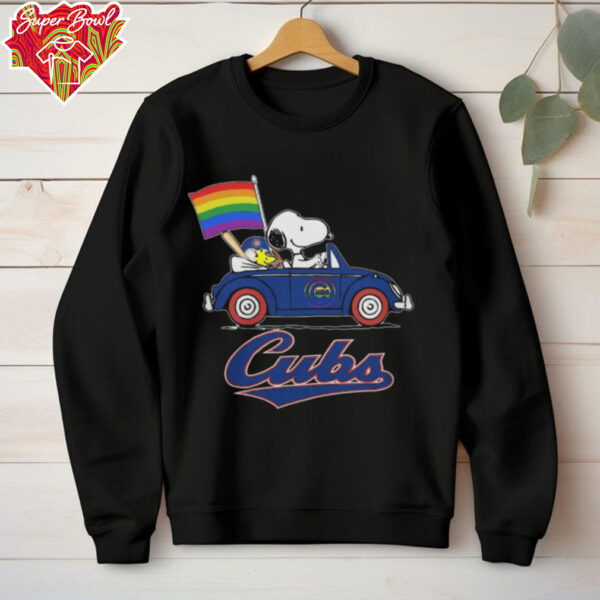 Chicago Cubs x Snoopy x Woodstock Driving Car Pride Flag Tee