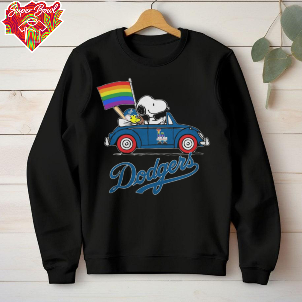Los Angeles Dodgers x Snoopy x Woodstock Driving Car Pride Flag Tee Los Angeles Dodgers x Snoopy x Woodstock Driving Car Pride Flag Tee