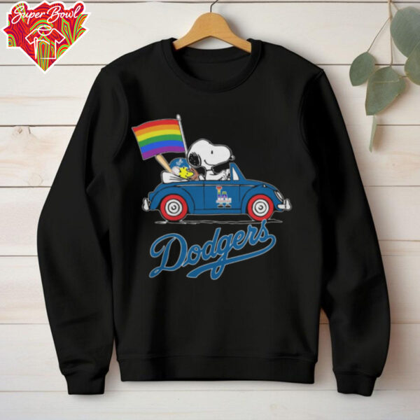 Los Angeles Dodgers x Snoopy x Woodstock Driving Car Pride Flag Tee