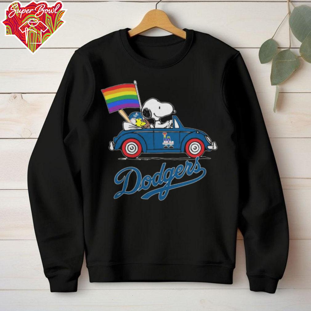 Los Angeles Dodgers x Snoopy x Woodstock Driving Car Pride Flag Tee Los Angeles Dodgers x Snoopy x Woodstock Driving Car Pride Flag Tee