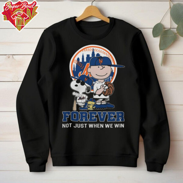 New York Mets Peanuts Snoopy x Charlie Brown x Woodstock Forever Not Just When We Win Logo T Shirt