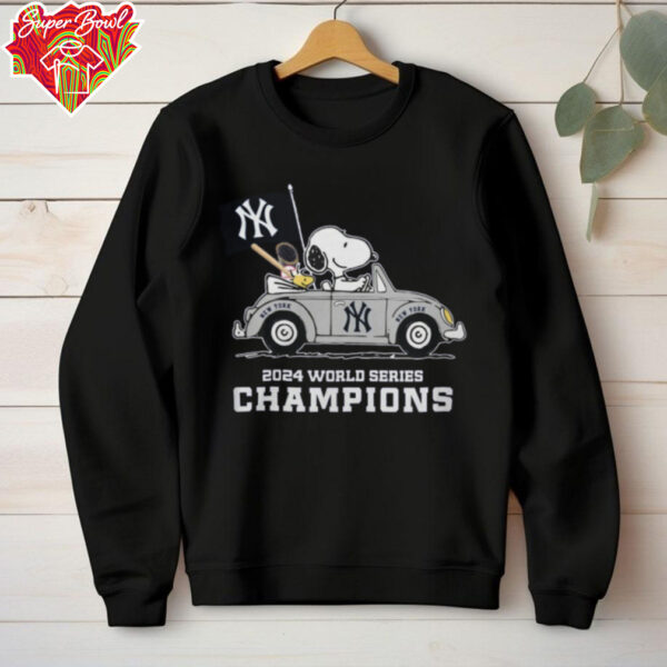 Peanuts Snoopy And Woodstock On Car X Ny Yankees World Series Champions 2024 Flag Tee