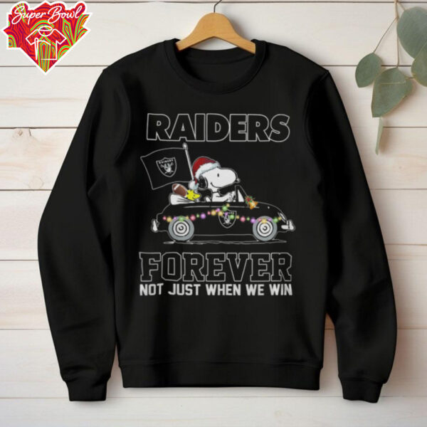 Raiders Football Snoopy Driving Car Forever Not Just When We Win Merry Christmas Light Shirt