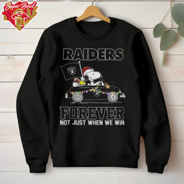 Raiders Football Snoopy Driving Car Forever Not Just When We Win Merry Christmas Light Shirt