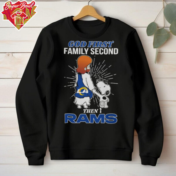 Snoopy And Jesus God First Family Second Then Los Angeles Rams T Shirt