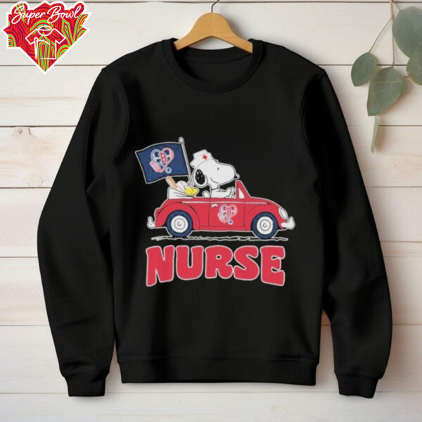 Snoopy And Woodstock Driving Car Boston Red Sox Caring Heartbeat Nurses T shirts