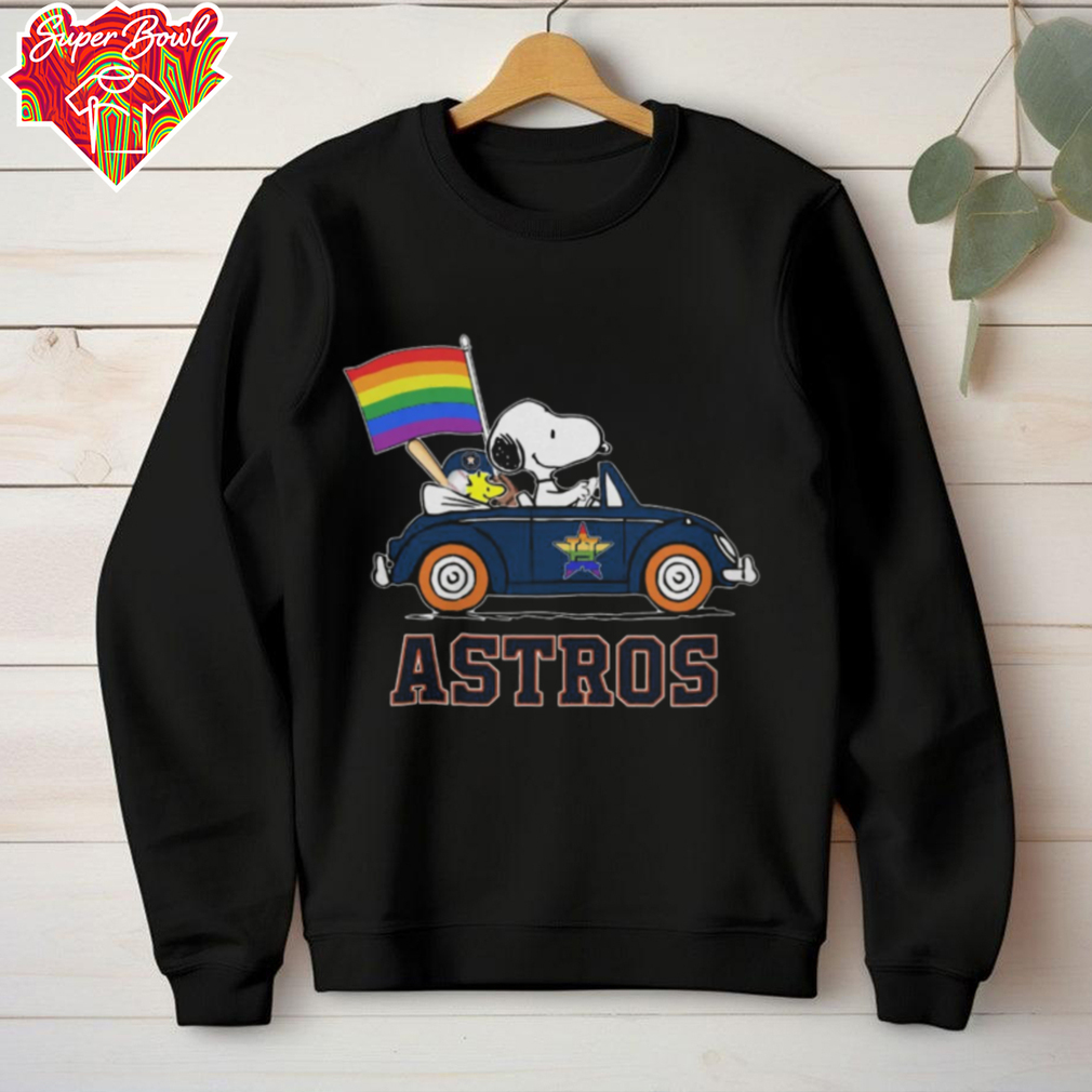 Snoopy And Woodstock Driving Car Houston Astros Pride Flag T shirt Snoopy And Woodstock Driving Car Houston Astros Pride Flag T shirt