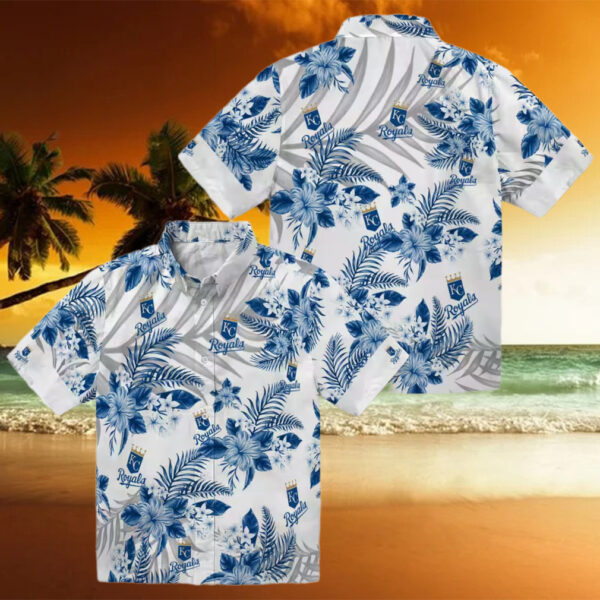 Best Kansas City Royals Hibiscus Palm Leaves Hawaiian Shirt   Blue & White Summer Luau Outfit