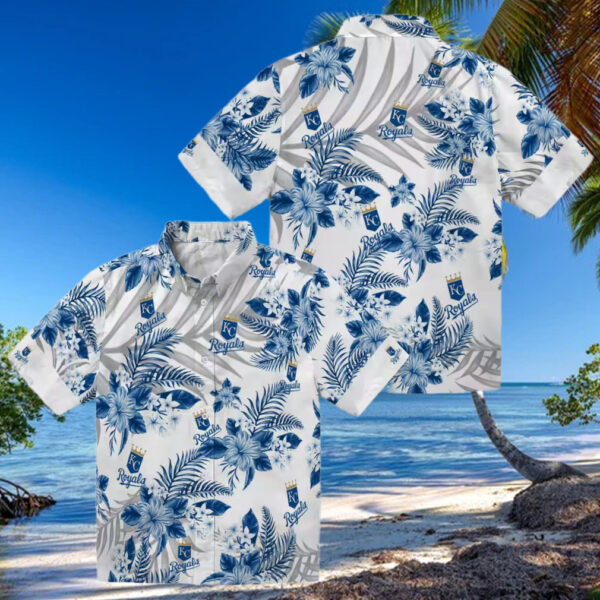 Best Kansas City Royals Hibiscus Palm Leaves Hawaiian Shirt   Blue & White Summer Luau Outfit