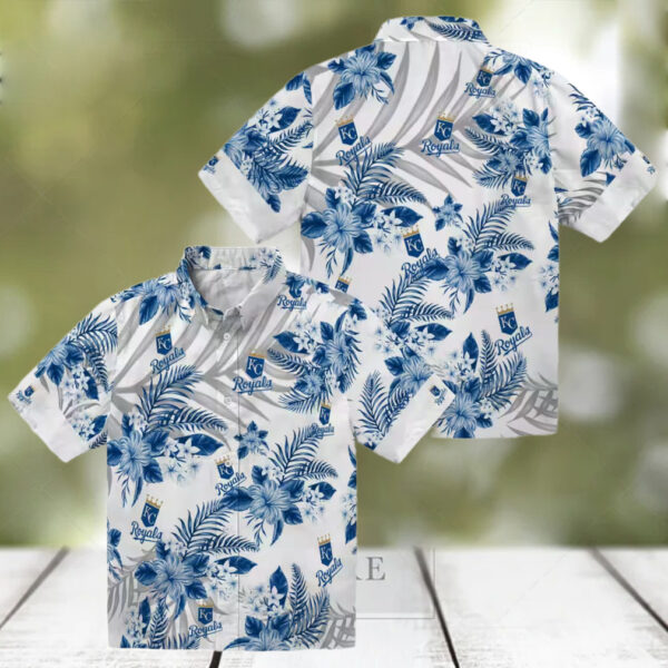 Best Kansas City Royals Hibiscus Palm Leaves Hawaiian Shirt   Blue & White Summer Luau Outfit