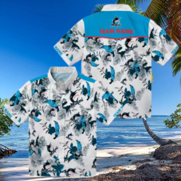 Botanical Miami Marlins Hawaiian Shirt   Blue White MLB Summer Outfit