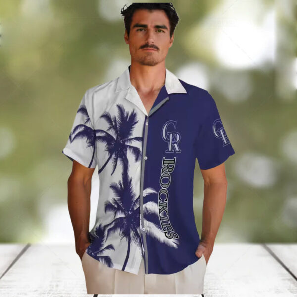 Colorado Rockies Summer Hawaiian Shirt   Blue & White Tropical Palm Trees MLB Fan Gear
