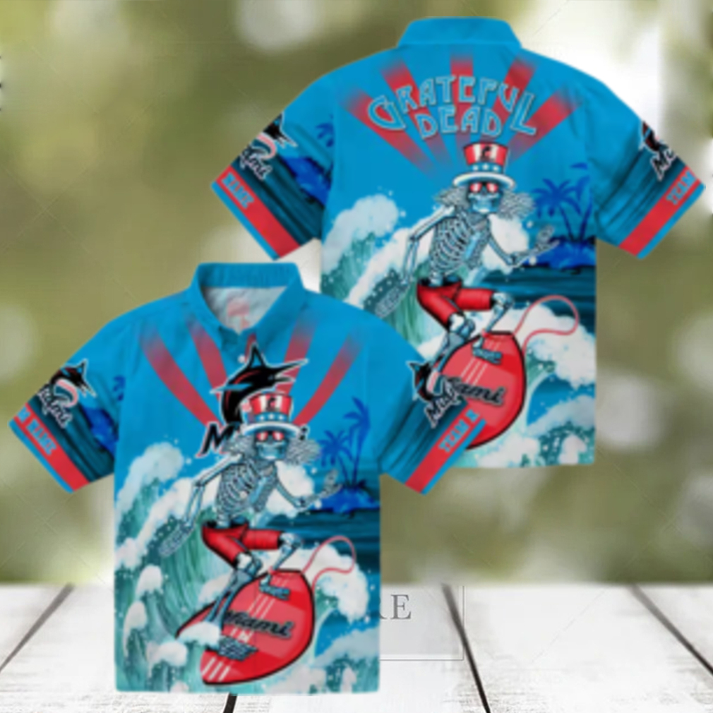 Cool Miami Marlins Baseball Hawaiian Shirt Surfing Skeleton Design for Fans Cool Miami Marlins Baseball Hawaiian Shirt Surfing Skeleton Design for Fans