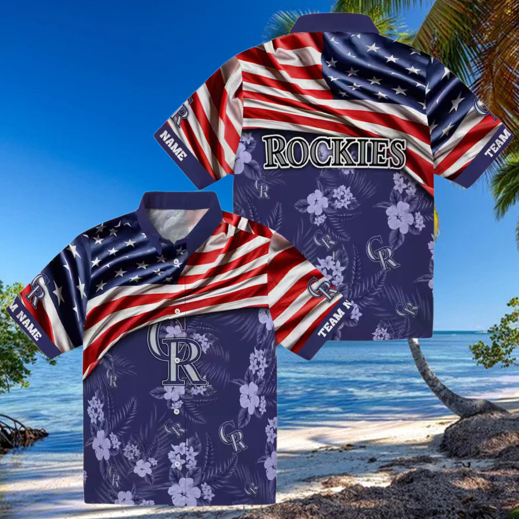 Custom Colorado Rockies US Flag Hawaiian Shirt Hibiscus Blue Beach Shirt for MLB Fans Custom Colorado Rockies US Flag Hawaiian Shirt Hibiscus Blue Beach Shirt for MLB Fans