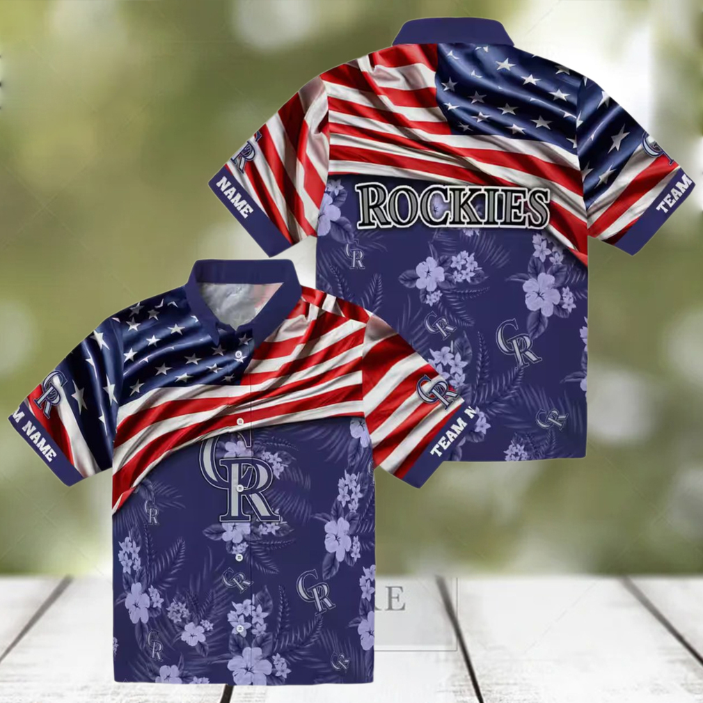Custom Colorado Rockies US Flag Hawaiian Shirt Hibiscus Blue Beach Shirt for MLB Fans Custom Colorado Rockies US Flag Hawaiian Shirt Hibiscus Blue Beach Shirt for MLB Fans
