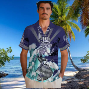 Custom MLB Colorado Rockies Surfing Skeleton Hawaiian Shirt Blue Aloha Shirt for Summer Beach & Baseball Fans