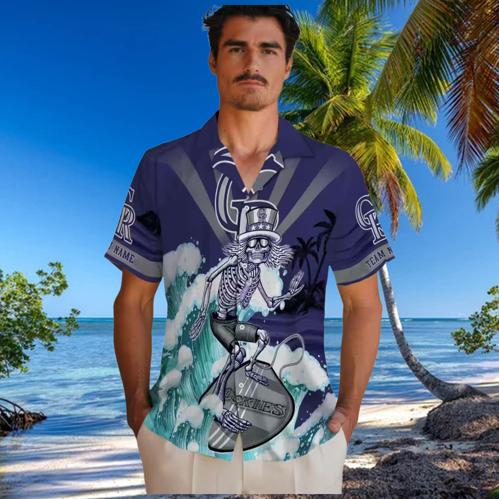 Custom MLB Colorado Rockies Surfing Skeleton Hawaiian Shirt Blue Aloha Shirt for Summer Beach & Baseball Fans Custom MLB Colorado Rockies Surfing Skeleton Hawaiian Shirt Blue Aloha Shirt for Summer Beach & Baseball Fans