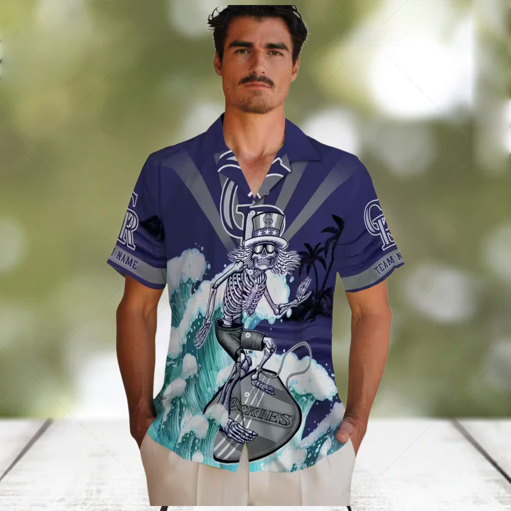 Custom MLB Colorado Rockies Surfing Skeleton Hawaiian Shirt Blue Aloha Shirt for Summer Beach & Baseball Fans Custom MLB Colorado Rockies Surfing Skeleton Hawaiian Shirt Blue Aloha Shirt for Summer Beach & Baseball Fans
