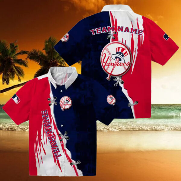 Custom New York Yankees Aloha Hawaiian Shirt   Edgy Navy & White Summer MLB Fan Apparel