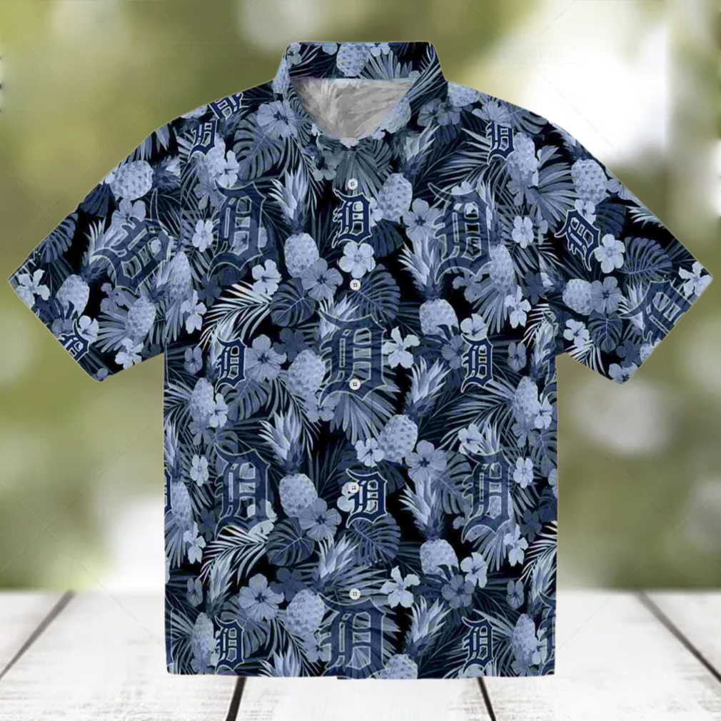 Detroit Tigers Floral Pineapple Navy Hawaiian Shirt Detroit Tigers Floral Pineapple Navy Hawaiian Shirt