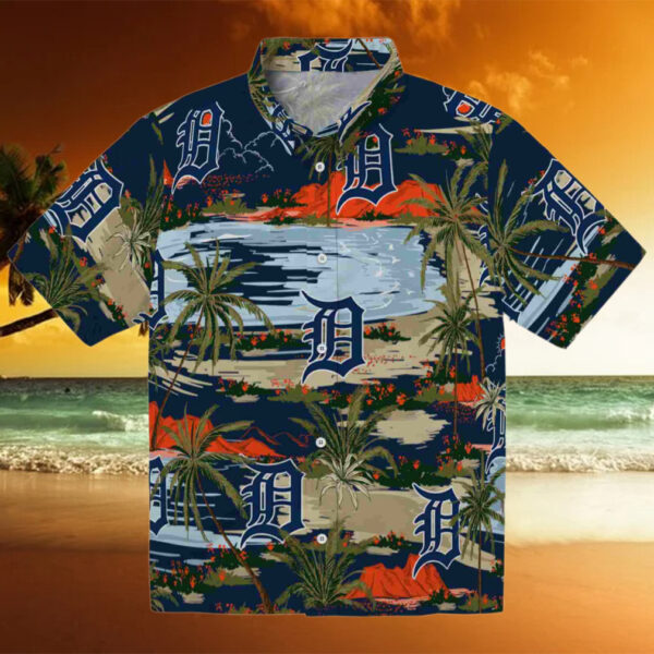 Detroit Tigers Palm Horizon Navy Hawaiian Shirt