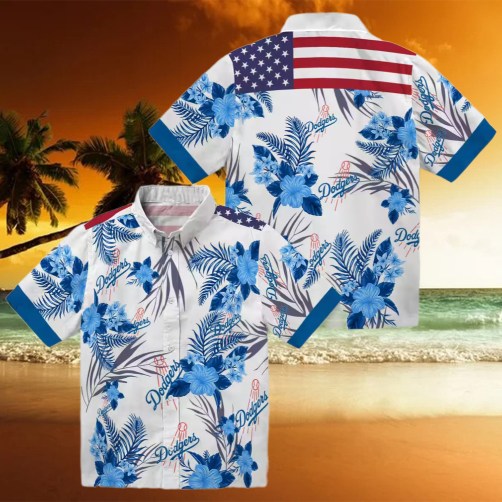 Dodgers MLB Blue White Hawaiian Shirt Floral Hibiscus Patriotic Game Day Wear Dodgers MLB Blue White Hawaiian Shirt Floral Hibiscus Patriotic Game Day Wear