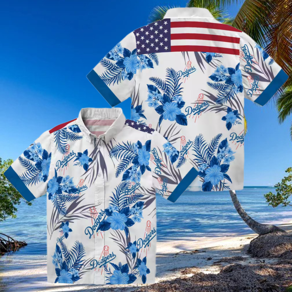 Dodgers MLB Blue White Hawaiian Shirt Floral Hibiscus Patriotic Game Day Wear Dodgers MLB Blue White Hawaiian Shirt Floral Hibiscus Patriotic Game Day Wear