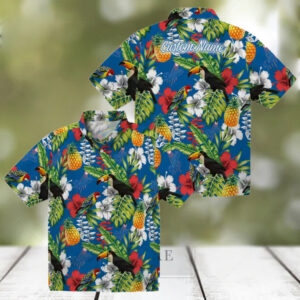 Dodgers Toucan Floral Hawaiian Shirt   Blue Green Aloha Summer Baseball Tee