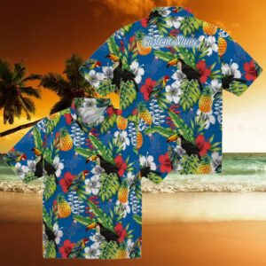 Dodgers Toucan Floral Hawaiian Shirt   Blue Green Aloha Summer Baseball Tee