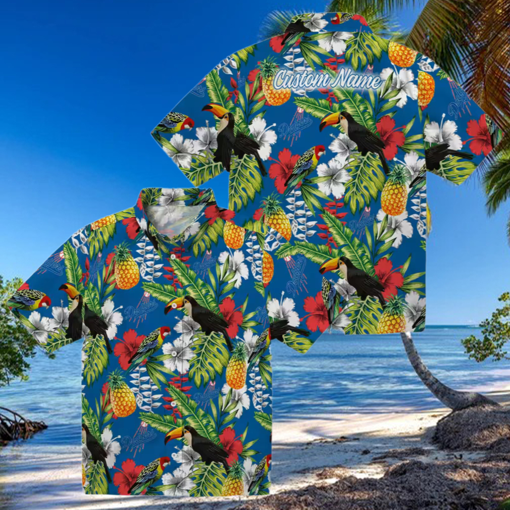 Dodgers Toucan Floral Hawaiian Shirt Blue Green Aloha Summer Baseball Tee Dodgers Toucan Floral Hawaiian Shirt Blue Green Aloha Summer Baseball Tee