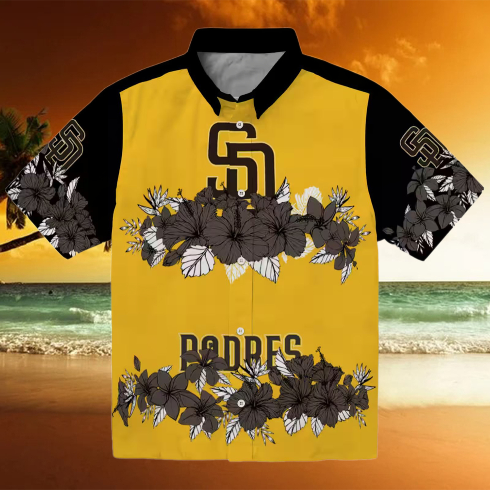 Exclusive San Diego Padres Tropical Hibiscus Stripe Hawaiian Shirt Brown & Black Fan Apparel Exclusive San Diego Padres Tropical Hibiscus Stripe Hawaiian Shirt Brown & Black Fan Apparel