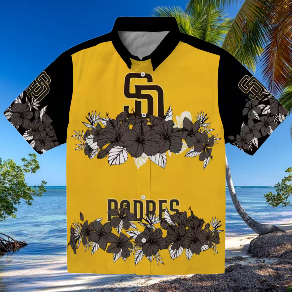 Exclusive San Diego Padres Tropical Hibiscus Stripe Hawaiian Shirt Brown & Black Fan Apparel Exclusive San Diego Padres Tropical Hibiscus Stripe Hawaiian Shirt Brown & Black Fan Apparel
