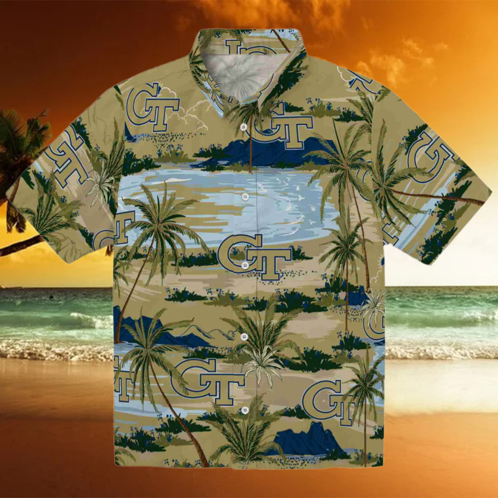 Georgia Tech Yellow Jackets Palm Horizon Gold Hawaiian Shirt Georgia Tech Yellow Jackets Palm Horizon Gold Hawaiian Shirt