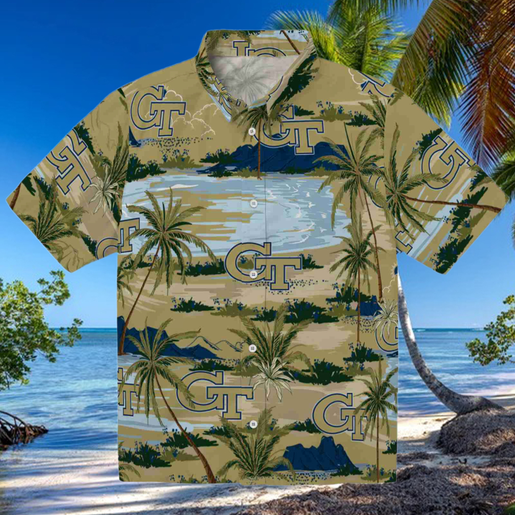 Georgia Tech Yellow Jackets Palm Horizon Gold Hawaiian Shirt Georgia Tech Yellow Jackets Palm Horizon Gold Hawaiian Shirt
