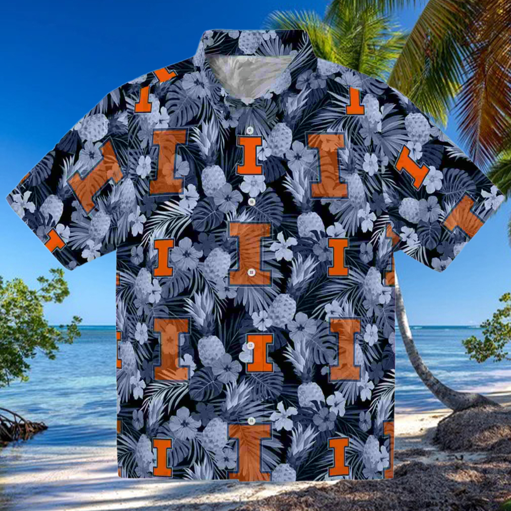 Illinois Fighting Illini Floral Pineapple Blue Hawaiian Shirt Illinois Fighting Illini Floral Pineapple Blue Hawaiian Shirt
