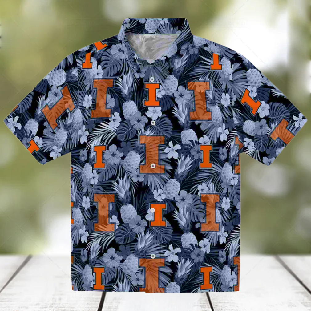Illinois Fighting Illini Floral Pineapple Blue Hawaiian Shirt Illinois Fighting Illini Floral Pineapple Blue Hawaiian Shirt