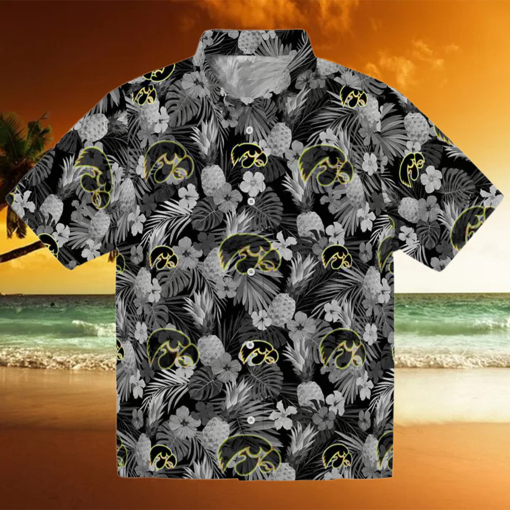 Iowa Hawkeyes Floral Pineapple Black Hawaiian Shirt Iowa Hawkeyes Floral Pineapple Black Hawaiian Shirt