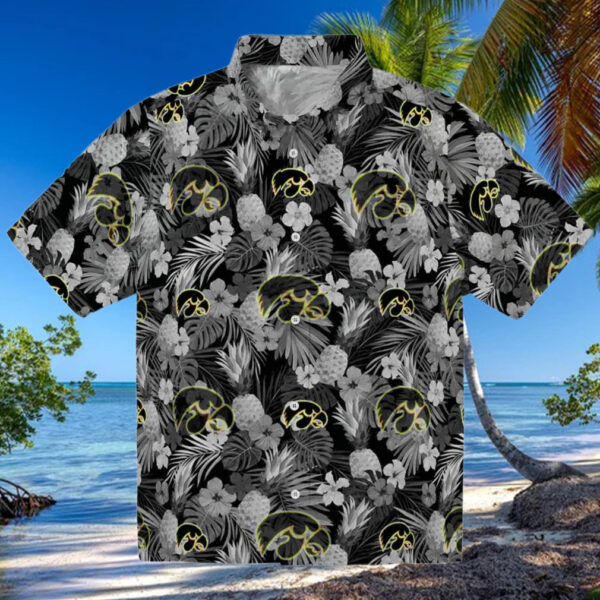 Iowa Hawkeyes Floral Pineapple Black Hawaiian Shirt