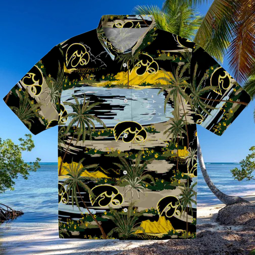 Iowa Hawkeyes Palm Horizon Black Hawaiian Shirt Iowa Hawkeyes Palm Horizon Black Hawaiian Shirt