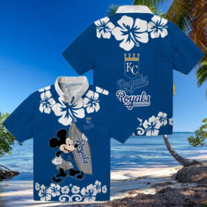 Kansas City Royals Surfing Mickey Hawaiian Shirt   Royal Blue Luau Party Outfit