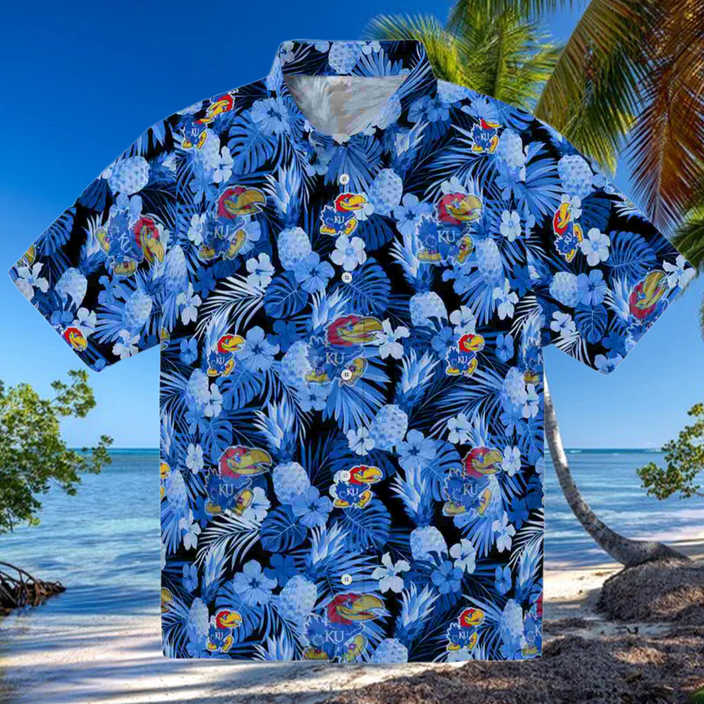 Kansas Jayhawks Floral Pineapple Blue Hawaiian Shirt Kansas Jayhawks Floral Pineapple Blue Hawaiian Shirt