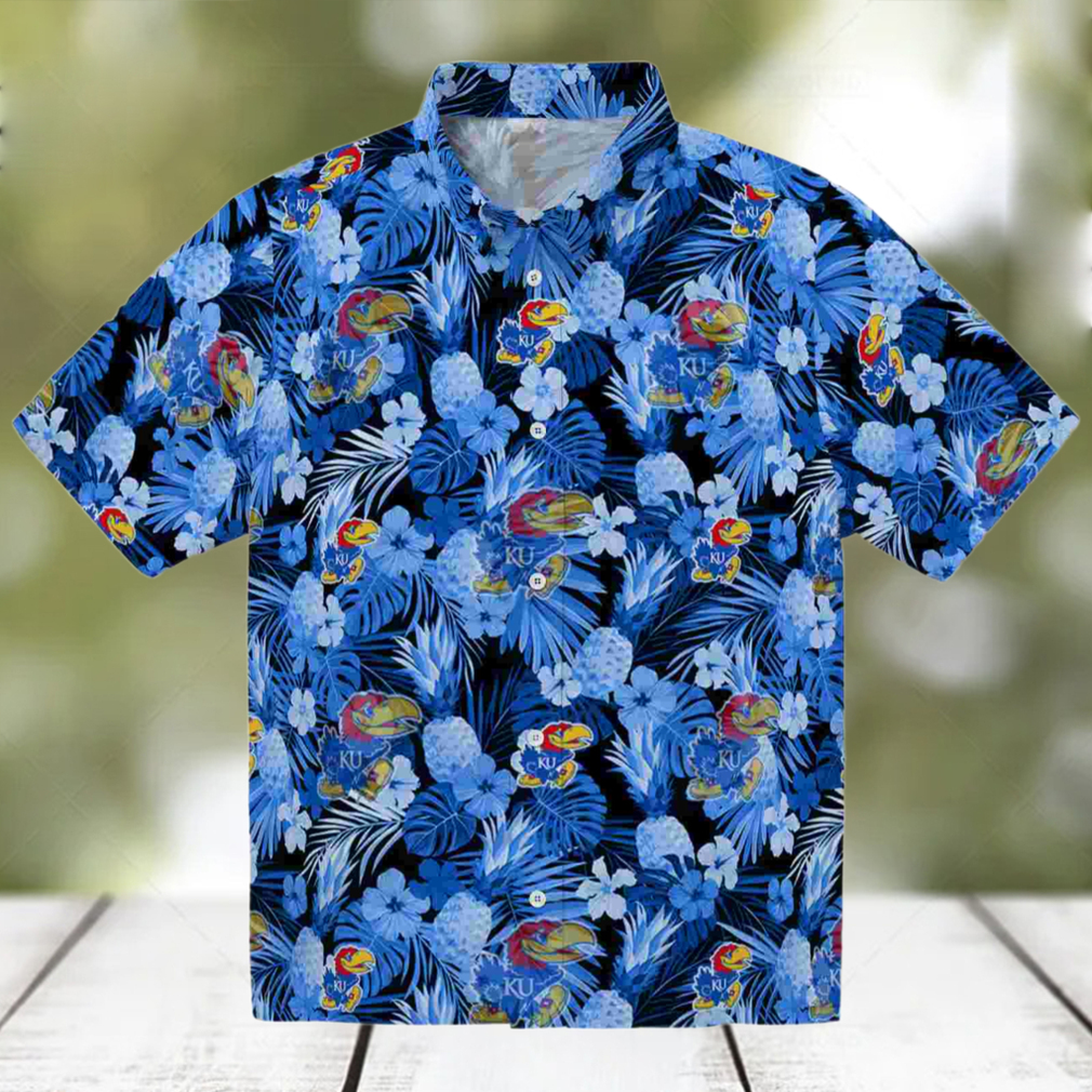 Kansas Jayhawks Floral Pineapple Blue Hawaiian Shirt Kansas Jayhawks Floral Pineapple Blue Hawaiian Shirt