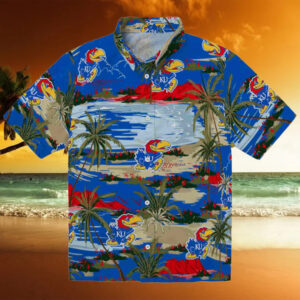Kansas Jayhawks Palm Horizon Blue Hawaiian Shirt