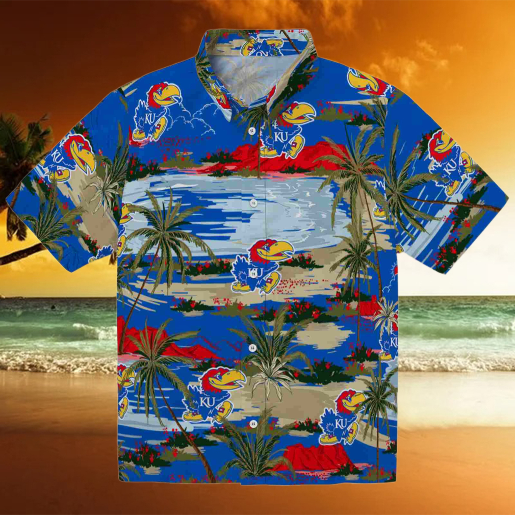 Kansas Jayhawks Palm Horizon Blue Hawaiian Shirt Kansas Jayhawks Palm Horizon Blue Hawaiian Shirt