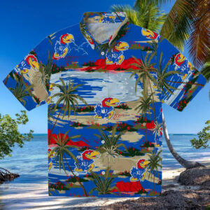 Kansas Jayhawks Palm Horizon Blue Hawaiian Shirt