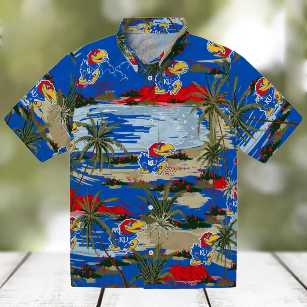Kansas Jayhawks Palm Horizon Blue Hawaiian Shirt Kansas Jayhawks Palm Horizon Blue Hawaiian Shirt