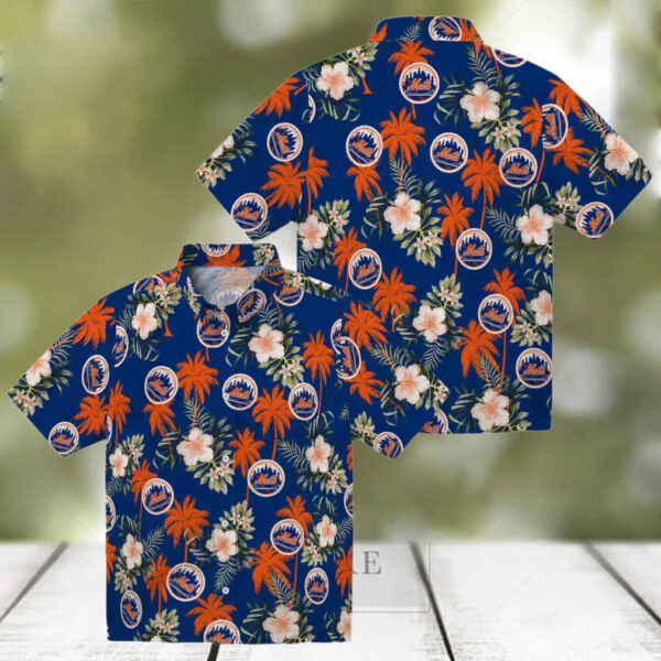Limited Edition New York Mets Hawaiian Shirt   Palm Tree & Hibiscus Floral Blue Aloha Shirt   S