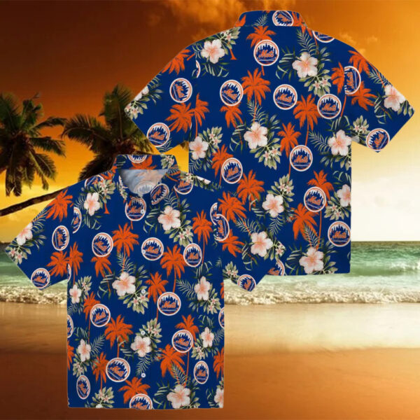 Limited Edition New York Mets Hawaiian Shirt   Palm Tree & Hibiscus Floral Blue Aloha Shirt   S