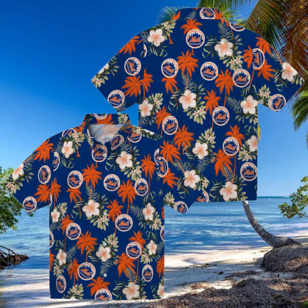 Limited Edition New York Mets Hawaiian Shirt   Palm Tree & Hibiscus Floral Blue Aloha Shirt   S