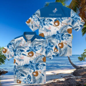 Los Angeles Dodgers Button Up Hawaiian Shirt   Hibiscus Blue White Aloha Style